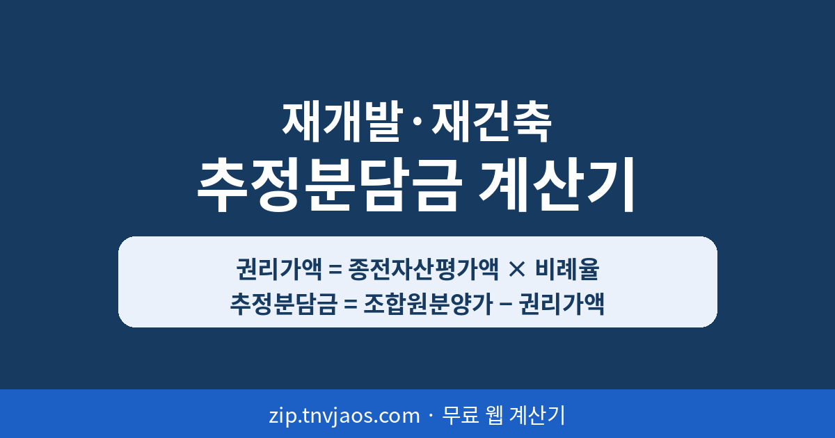 재개발·재건축 추정분담금 계산기: 권리가액 = 종전자산평가액 × 비례율, 추정분담금 = 조합원분양가 − 권리가액